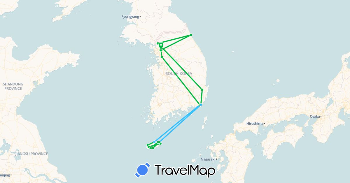 TravelMap itinerary: driving, bus, boat in South Korea (Asia)